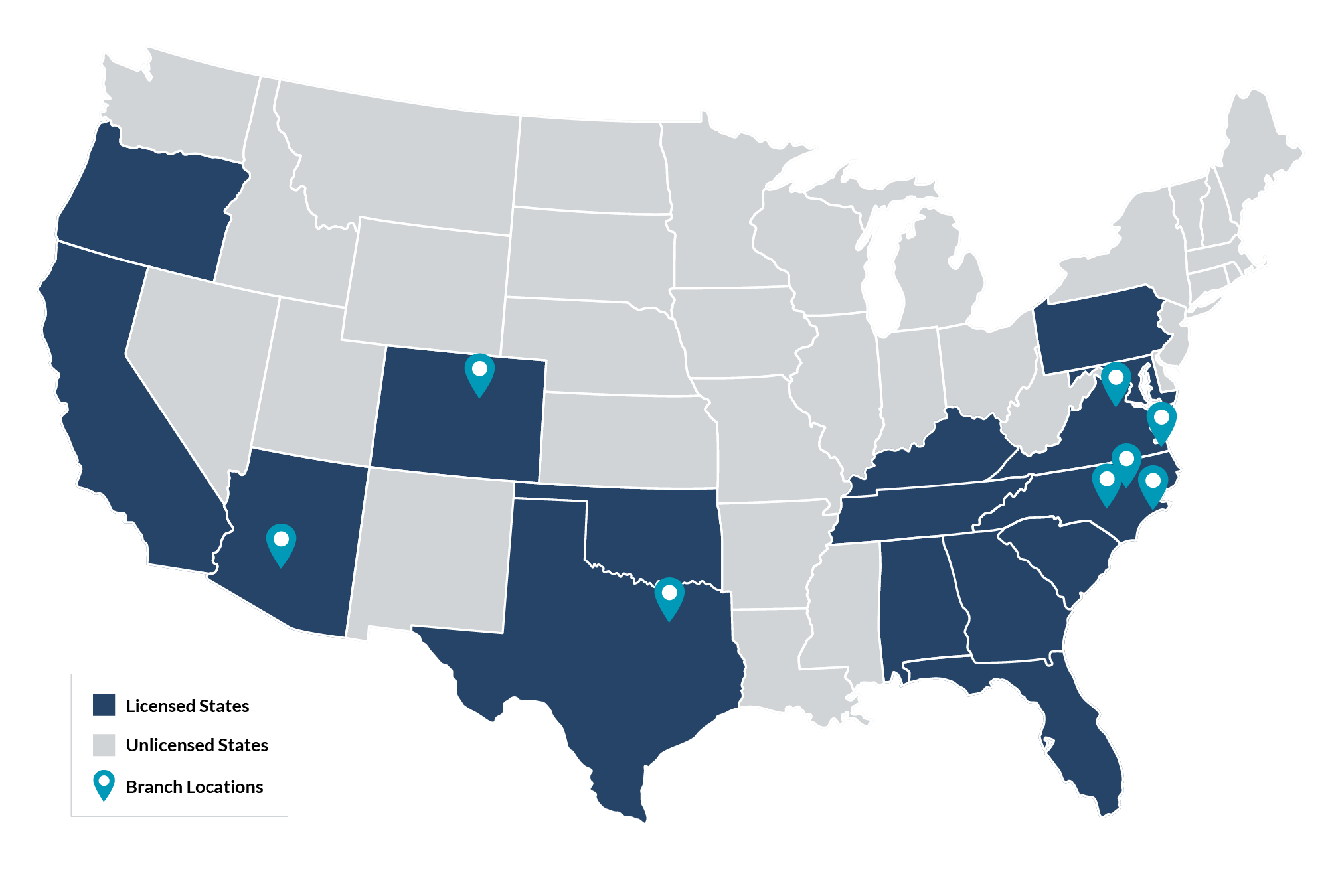 Map of the US with pins indicating branch locations and states colored navy indicating licensed states