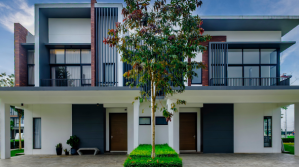 The front side exterior of a modern duplex.